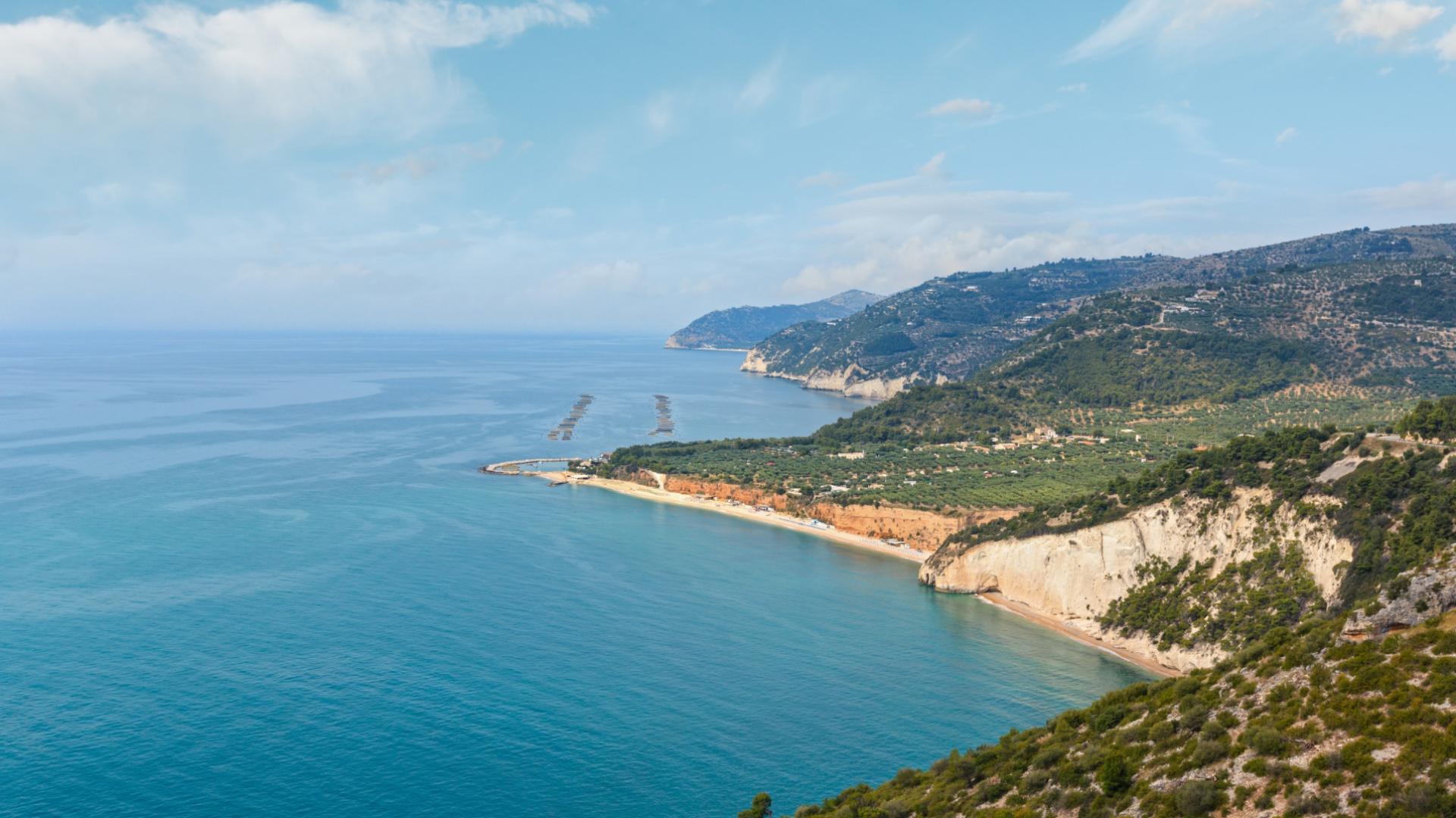 Vista panoramica di una costa con spiaggia, scogliere e colline verdi.