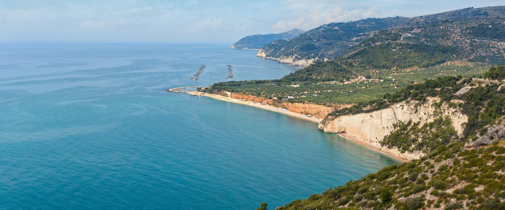 Spiaggia panoramica con scogliere bianche e mare cristallino, circondata da colline verdi.